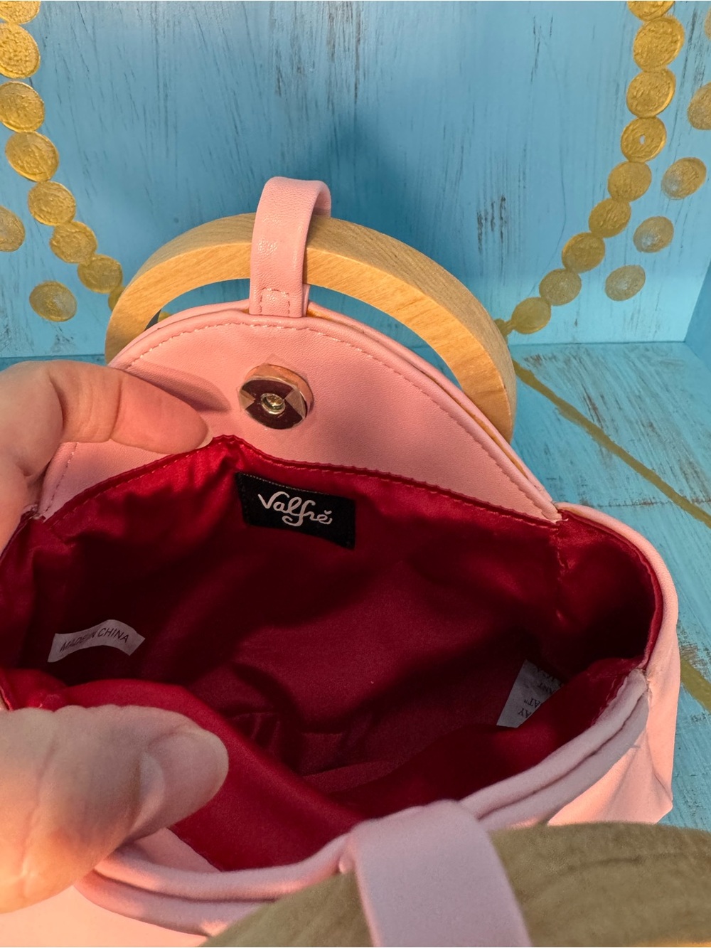 Valfre Cherry Pink Women’s Pleather Wooden Top-Handle Clutch - Picture 9 of 11